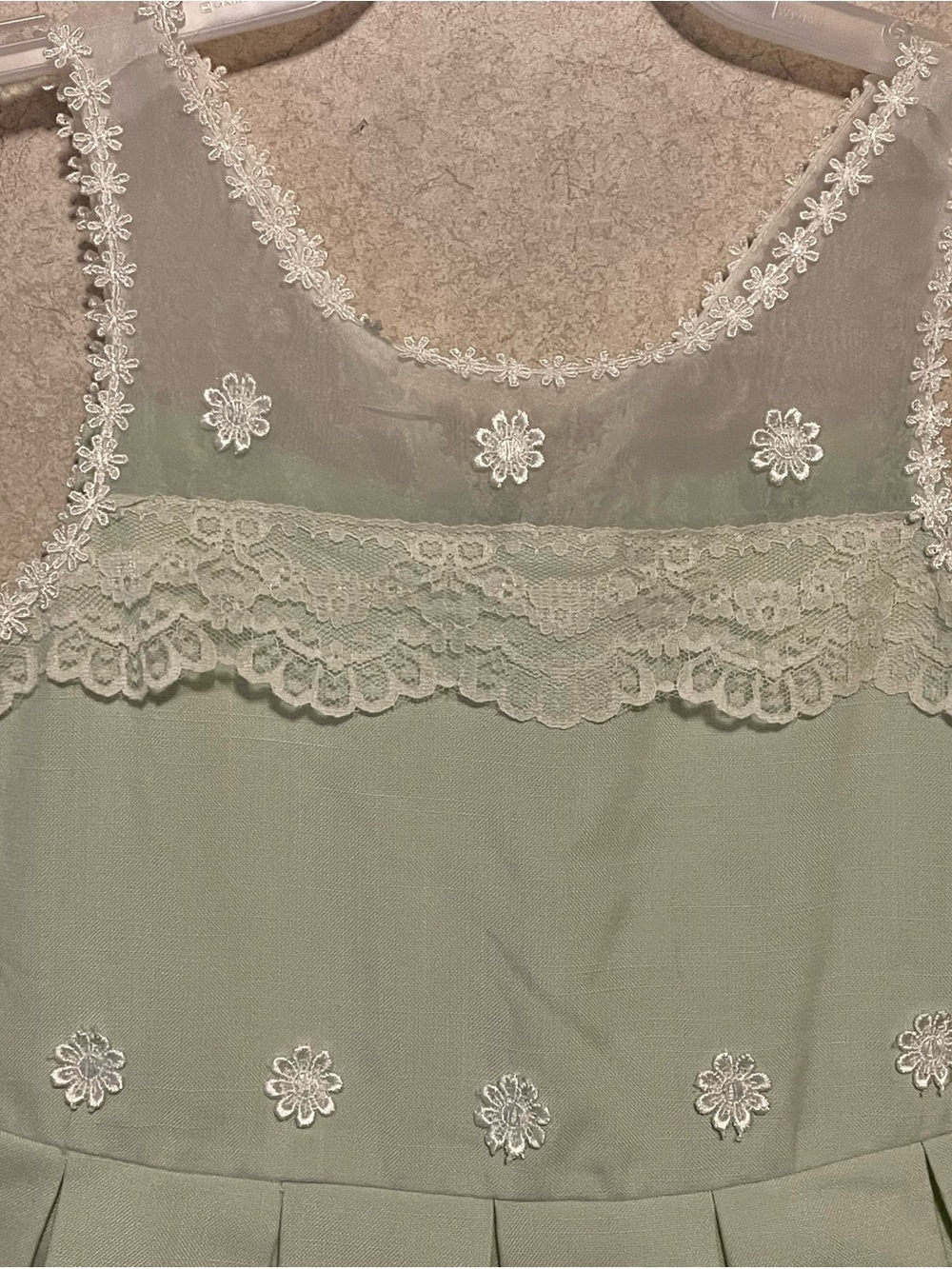 Bonnie Jean Pale Sage Lace Trim Mesh Yoke Slip Dress